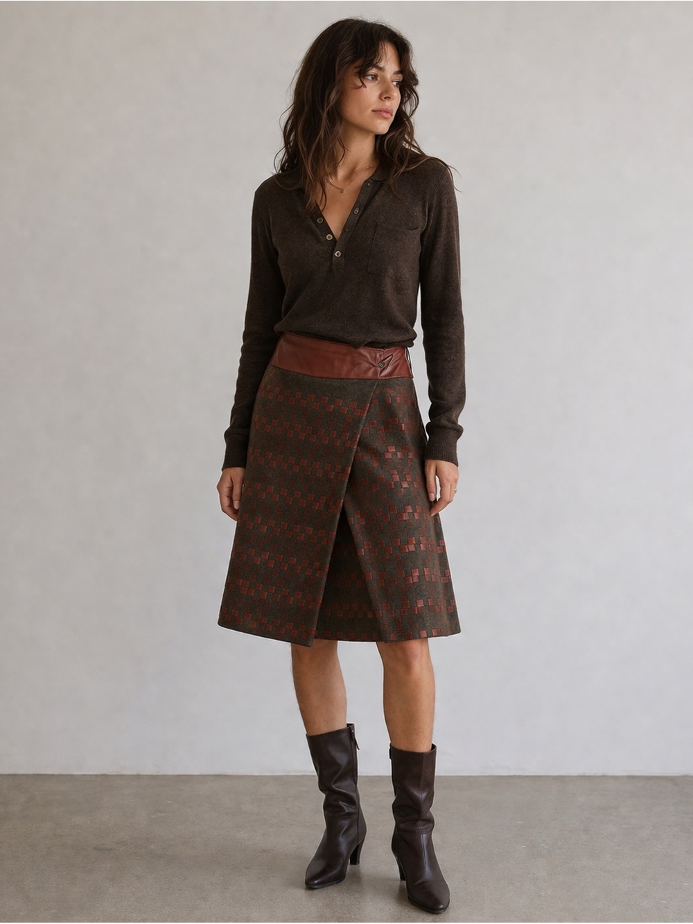 Graeme Black Geometric A-Line Skirt Wool Leather Trim Knee Length Multicolor